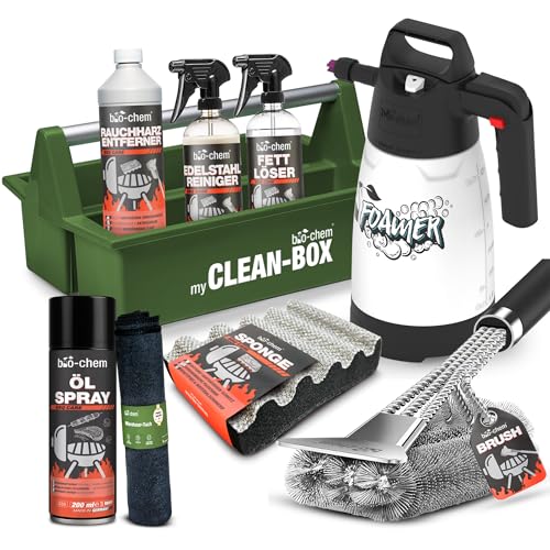 bio-chem Grill Reinigungsset und Pflege professionell Box 9-teilig: Rauchharzentferner 1L + Fettlöser 750ml + Anti-Haft Spray 200ml + Edelstahlreiniger 750 ml + Schaumsprüher + Zubehör