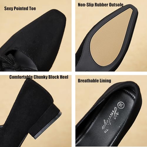 Women's Suede Double Strap Pointed Toe Mary Jane Flat Walking Shoes Fashion Bow Elastic Strap Comfortable Low Block Heel Dress Shoes for Office Work Party4