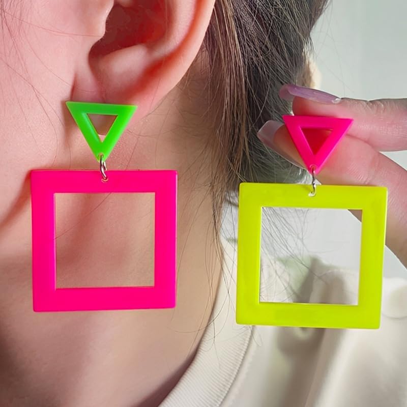 Vista 2 de Aretes de neón de los años 80 y 90 para mujer, coloridos cuadrados, triangulares, acrílicos, aretes colgantes retro geométricos para trajes