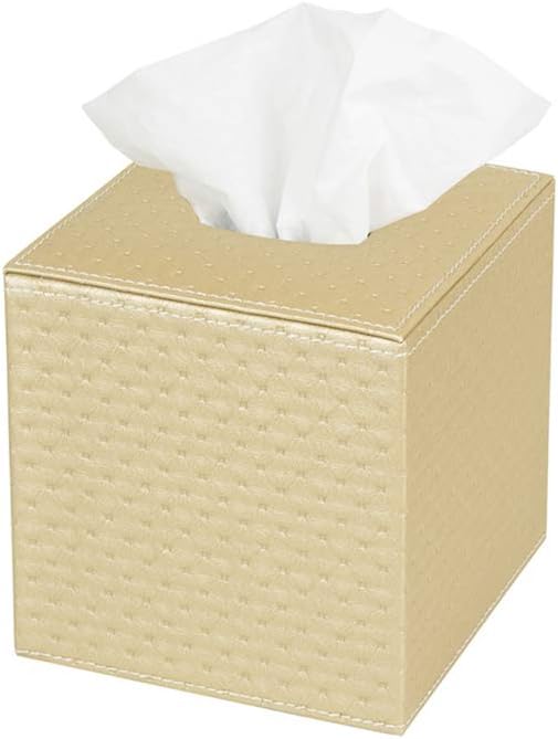 J JACKCUBE DESIGN Square Paper Facial Tissue Box Cover Holder for Bathroom Vanity Countertop, Bedroom Dressers, Napkin Holder with Strap on Bottom, Brown Quilted Faux Leather - MK272A