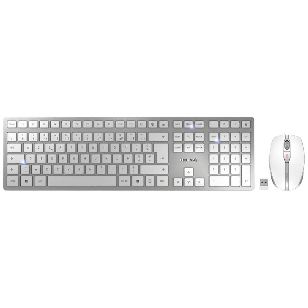CHERRY DW 9100 Slim, Kabelloses Tastatur- und Maus-Set, Französisches Layout (AZERTY), Bluetooth & 2,4 GHz Funk, Leise Tasten, Wiederaufladbar, Weiß-Silber