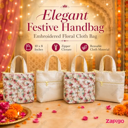 Image of Habba Embroidered Floral Tote Bag for Women, Zip Closure Compact Ethnic Festive Wedding, Mehendi, Haldi, Navratri, Diwali, Baby Shower, Gruhapravesam Return Gift Bag, Pack of 10