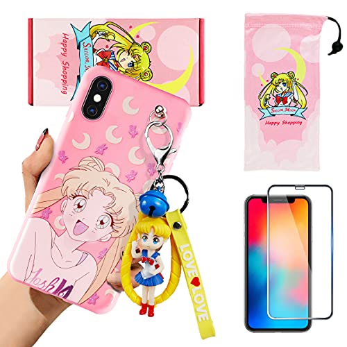 iPhone X/XS case with HD Screen Protector, Cute Sailor Moon Cartoon 3D Character Silicone Cover Case for Apple iPhone X/XS 5.8" with 1 Lanyard, 1 Bell,1 Doll, 1 Phone Storage Bag