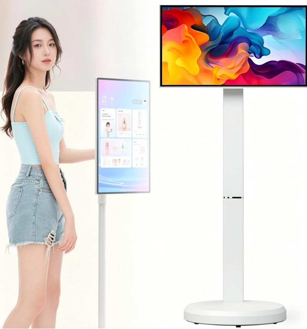 Portable TV on Stand with Wheels, 23.8 Inch Android 15 Smart Monitor, 1080P Touch Screen Wireless Movable Display, 6GB+128GB, 13MP Camera, Speaker, 8 Hour Battery, HDMI Type C for Gym(6+128)
