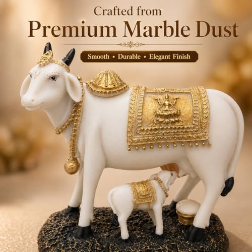 Image of ARMONIA Kamdhenu Cow with Calf Idol for Home Decor | Dust Marble Finish Gau MATA Statue | Vastu & Feng Shui Good Luck Showpiece for Living Room, Pooja Room | Wedding & Housewarming Gift (24cm)
