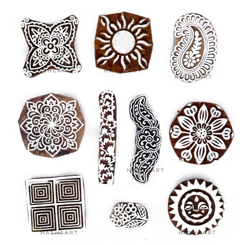 Image of Set of 10 | Wooden Blocks Multi Design Floral Stamps for Print Scrapbooking | Henna | Fabric Textile | Project Making | Art Craft | Pottery Craft