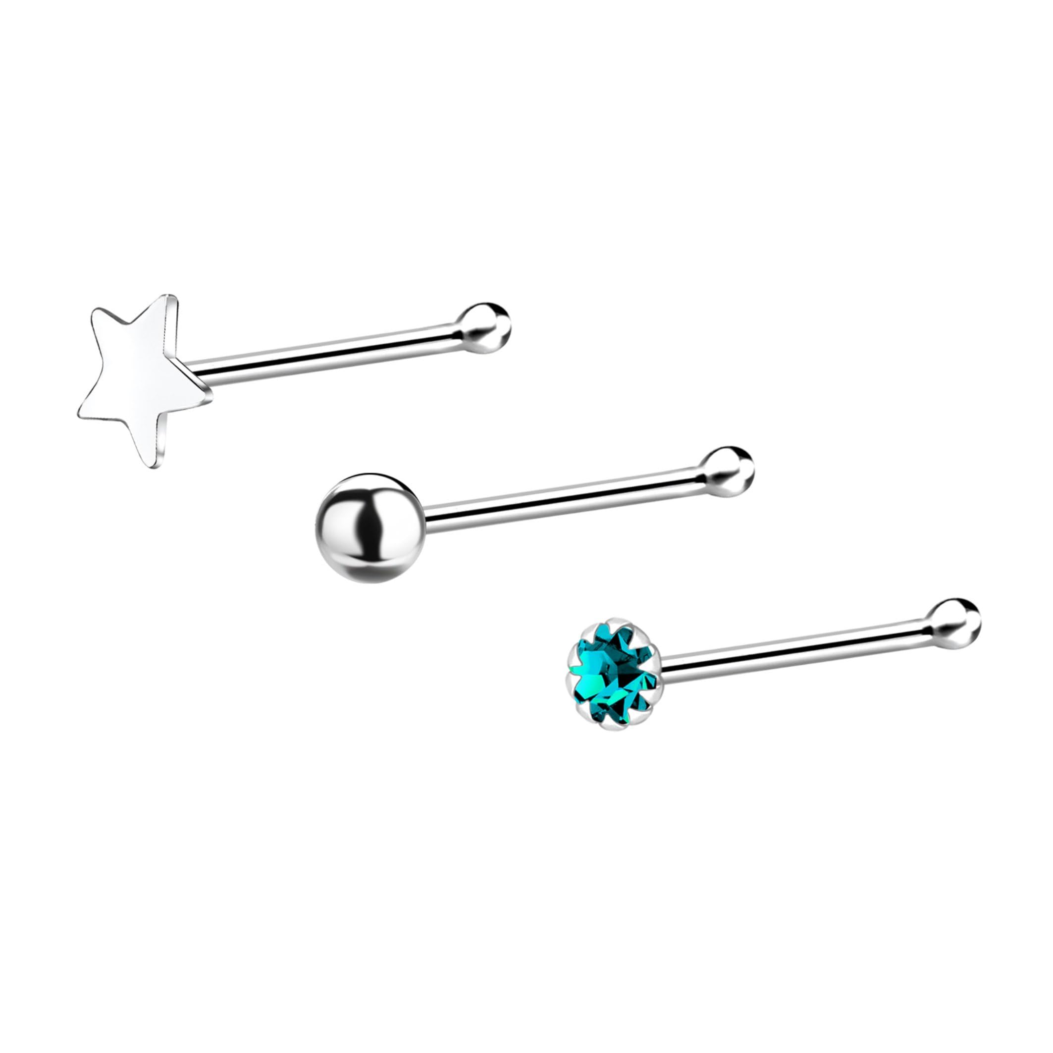 92.5-925 Sterling Silver Chandi Stellar Mixed Designs Nose Pin Stud Set for Women and Girls (NR0179) Pack of 3 Pcs-image-49