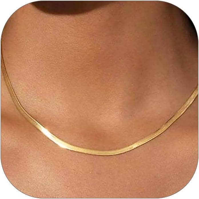 FOCALOOK Collares chapados en oro de 14 quilates para mujer, Gargantilla en espiga | Cadena de serpiente plana de acero inoxidable de 3/5 mm (ancho), sin deslustre, joyería de moda para uso diario y capas, 12,5"/15"/18"+3,5"(L)