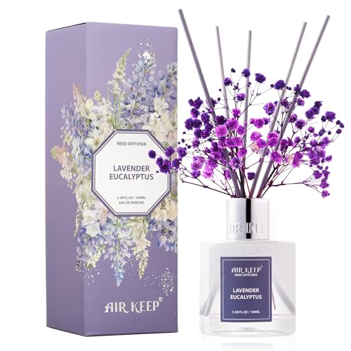Image of Airkeep Reed Diffuser Set,3.38 fl oz (100 ml) - Lavender Eucalyptus Oil Diffusers with 8 Reed Sticks, Home Fragrance Reed Diffuser for Bathroom Shelf Decor
