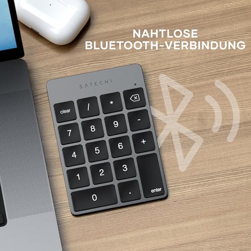 SATECHI Bluetooth Zahlenblock – Kabelloser Aluminium 18-Tasten Nummernblock – USB-C wiederaufladbares Numpad, Ziffernblock für MacBook, Windows, iMac, Mac mini, Laptops & mehr – Space Grau
