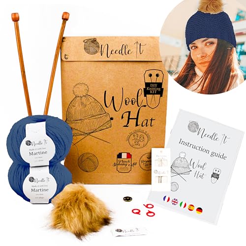 Needle It Complete Dark Blue Knitting hat kit - Do-it-Yourself Woolen hat for Children and Adults - Complete kit with Needle, Ball and Instructions - French Wool