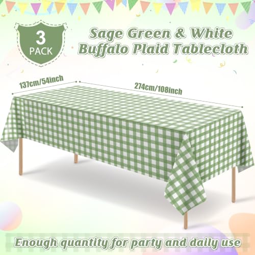 Image of 3 Pack Sage Green Plastic Checkered Tablecloth, Premium Decorative Disposable Sage Green Gingham Plaid Table Cloths for Parties, Rectangle Party Table Cover for Picnic Birthday Wedding, 54x108 Inch