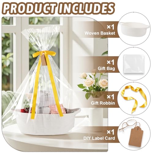 Image of OIAHOMY Small Woven Basket with Gift Bags, Ribbons & DIY Label Card, Baskets for Gifts Empty, Small Rope Basket 12 * 8 * 5IN, Cute Decorative Baskets with Handles for Baby Pets, Toys, White