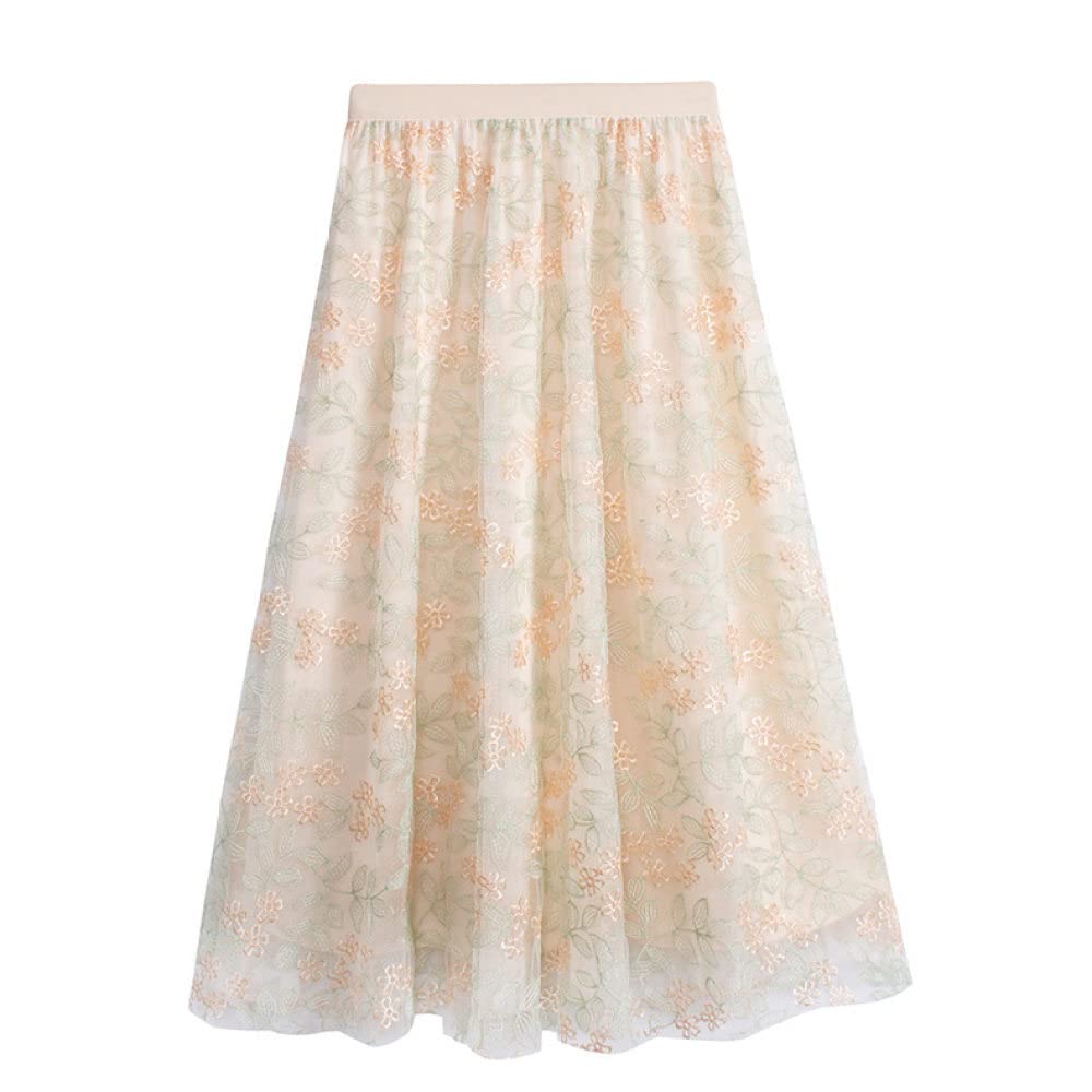 Faldas para Mujer Longitud Mediana, Falda Midi De Tul para Mujer Faldas Plisadas Fluidas con Bordado De Flores De Malla De Doble Capa para Mujer Faldas De Talle(Apricot)