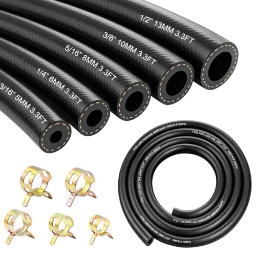 Image of 5Ft Fuel Line Hose Kit 5PCS with 40Pcs Clamps, 3 /8 inch,5 /16 inch,1 /4 inch,1 /2 inch,3 /16 inch ID High Performance 300PSI NBR Rubber for Automotive, Small Engines, ATV, Push Lock Reinforced