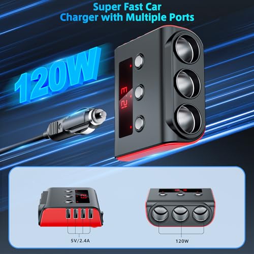 Image of 7 in 1 Cigarette Lighter Splitter, SONRU 3 Sockets Cigarette Lighter Splitter with 4 Fast Charging USB Ports, 120W 12V /24V DC Independent Power Switches & LED Voltage Display for All Car Devices