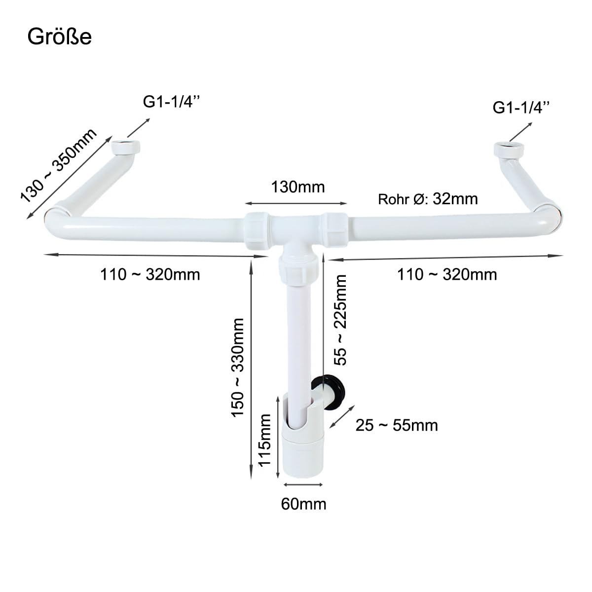 Sifone doppio per lavabo, sifone tubolare salvaspazio per bagno, G 1 1/4" (DN32), scarico per lavabo, con apertura per la pulizia e filtro per capelli, sifone da bagno