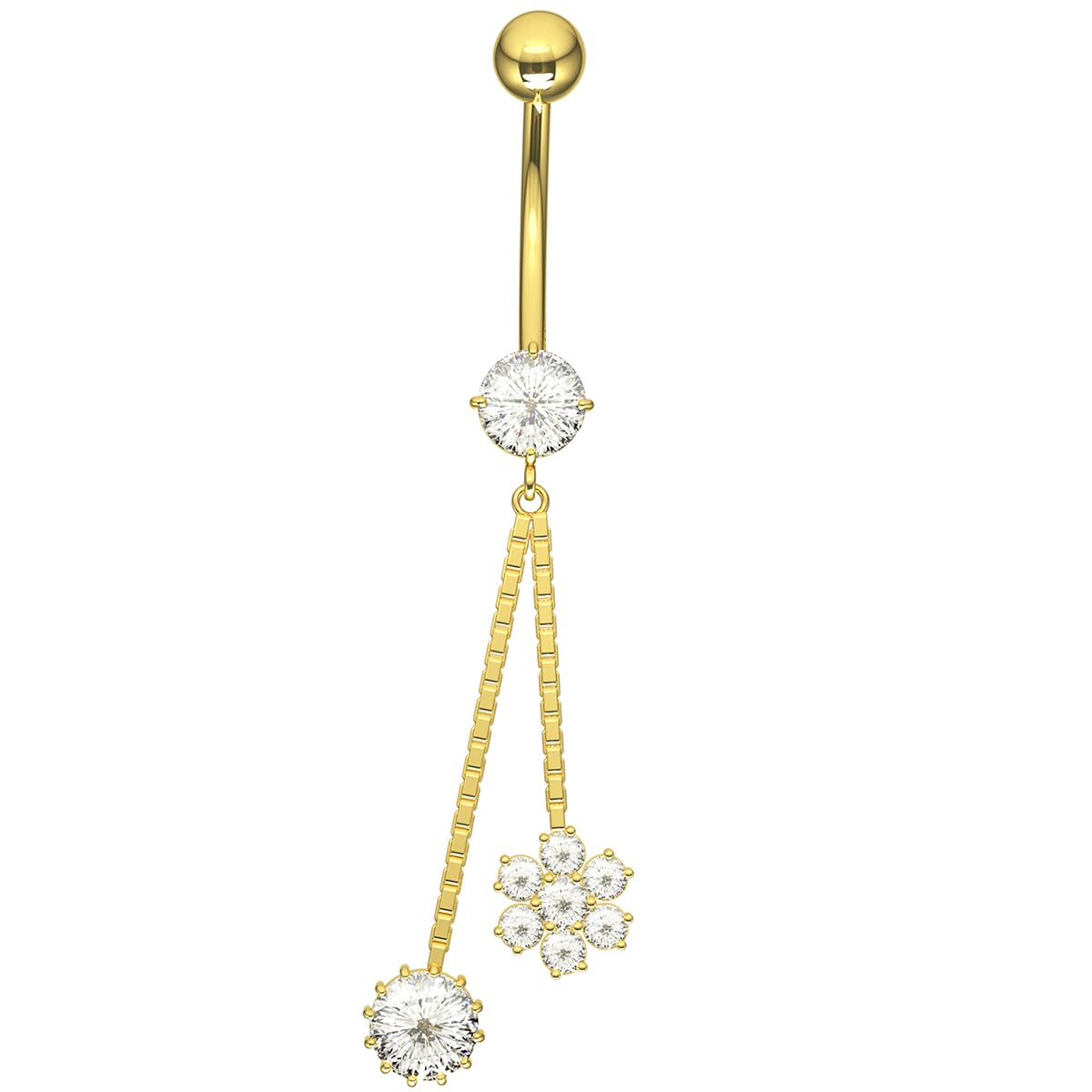 Piercing para ombligo de oro amarillo macizo de 14 quilates con circonita cúbica y colgante redondo en caja, joyería para ombligo de 14 quilates, calibre 14, 14 Gauge - 12mm Length,