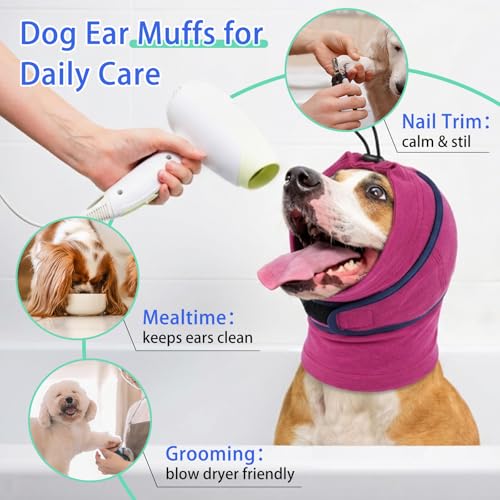 Image of MIGOHI Small Dog Ear Muffs for Noise Anxiety, Soft Calming Hoodie for Fireworks & Thunderstorms, No Shake Ear Wrap Dog Hematoma, Adjustable Head Cover for Dogs Bath Grooming,Chihuahua Yorkie,Purple S