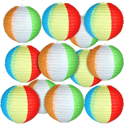 gisgfim 12 Pcs Beach Ball Hanging Paper Lanterns Summer Pool Party Decorations Colorful Round Paper Lanterns Rainbow Beach Ball Lanterns Chinese Lanterns Decor for Summer Pool Beach Party Supplies