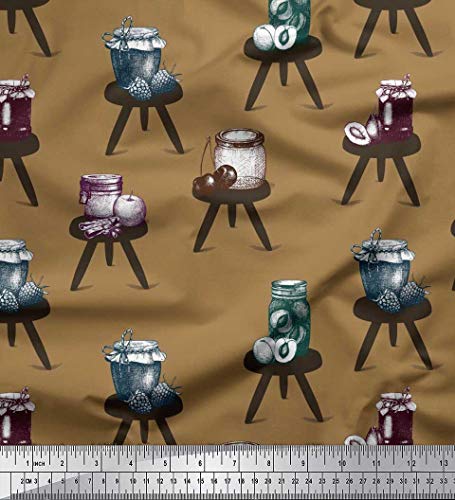 Soimoi Polyester Crepe Brown Fabric - by The Yard - 42 Inch Wide - Stool & Jam Jar Fruits Print Material - Homely Vibes with Stools and The Sweetness of Jam Jars Printed Fabric