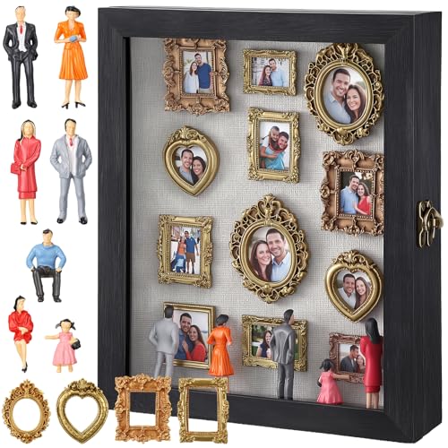 Qunclay 8x10 Anniversary Shadow Box Display Case with 8 Mini Vintage Frames & 7 Miniature Figurines, DIY Memory Box Kit for Couples, Wedding, Picture Frame Set for Keepsakes, Home Gallery Decor