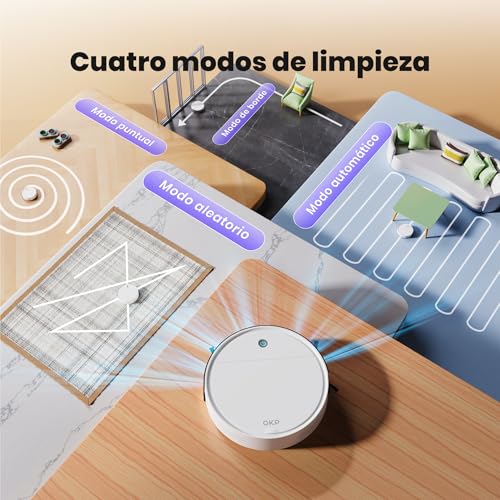 OKP K5 Aspirateur Robot avec Télécommande, 2500 Pa, 120 Min, Minceur 7,8 cm, Silencieux, 4 Modes de Nettoyage, Recharge Automatique, Wi-FI/Application/Alexa, Idéal pour sols, Tapis et Poils d’Animaux