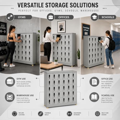 Image of Amazon Brand - Solimo 30-Door Mobile Locker Cabinet Lockable Heavy-Duty Steel Cabinet Compartments for Phones Wallets & Valuables Ideal for Office, School, Gym, Warehouse (Grey)