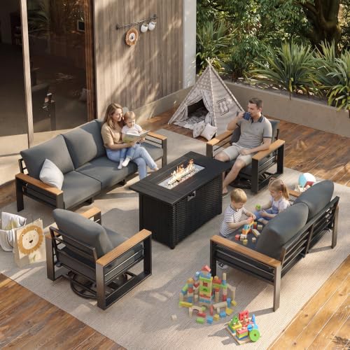 Image of Aoxun Aluminum Patio Furniture Set with Swivel Chairs & Fire Pit Table