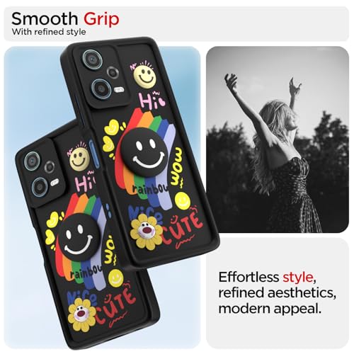 Image of Pikkme Back Cover for Redmi Note 12 Pro 5G | Soft Silicone| Cute Rainbow Smile & 3D Cartoon Flower Design | Shockproof Raised Camera Protection Bumper Case (Black)