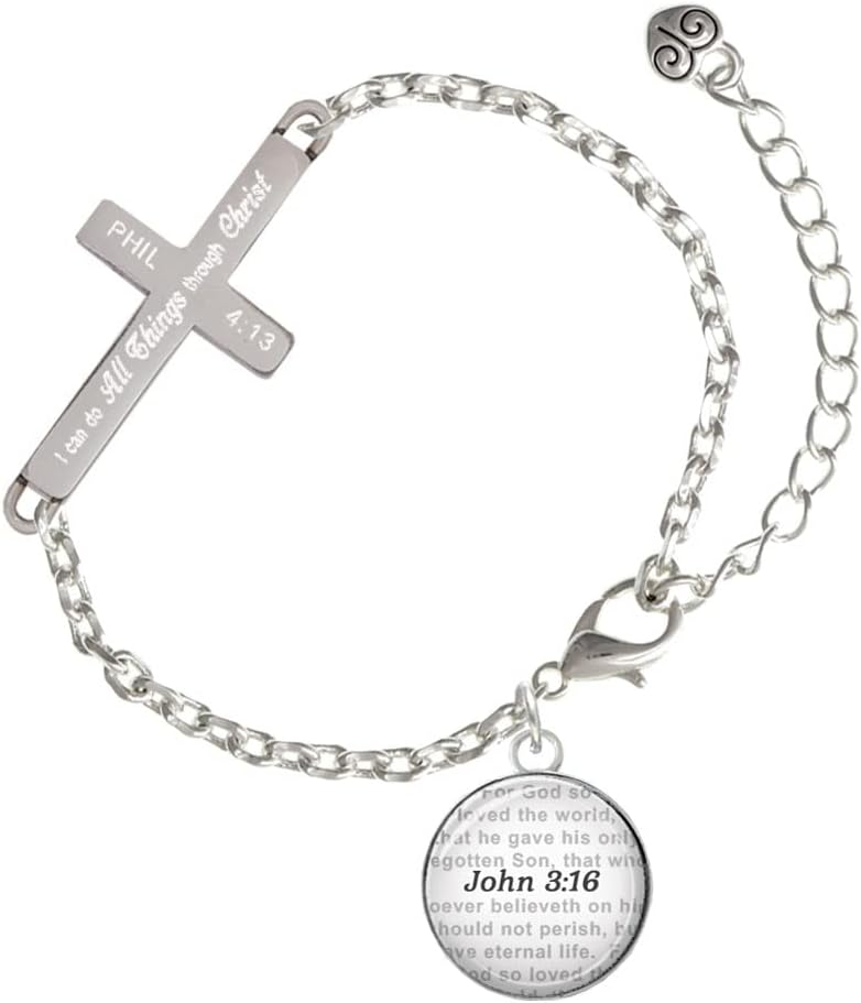 Delight Jewelry Silvertone Domed Verse Philippians 4:13 I Can Do All Things Engraved Cross Charm Bracelet, 6.5+1.5" Extender
