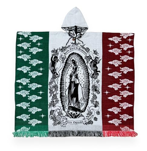 Our Lady of Guadalupe Virgin Mary Multicolor Green Red Alpaca Wool Poncho Cape Shawl Blanket Virgen de Guadalupe Poncho Zarape Gaban Unisex Indigenous Handmade2