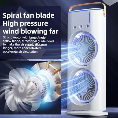 Image of Portable Air Cooler Fan with Mist Function, Dual Fan Design, 700ml Water Tank, USB Powered, Remote Control, LED Light, Timer Settings, Carry Handle