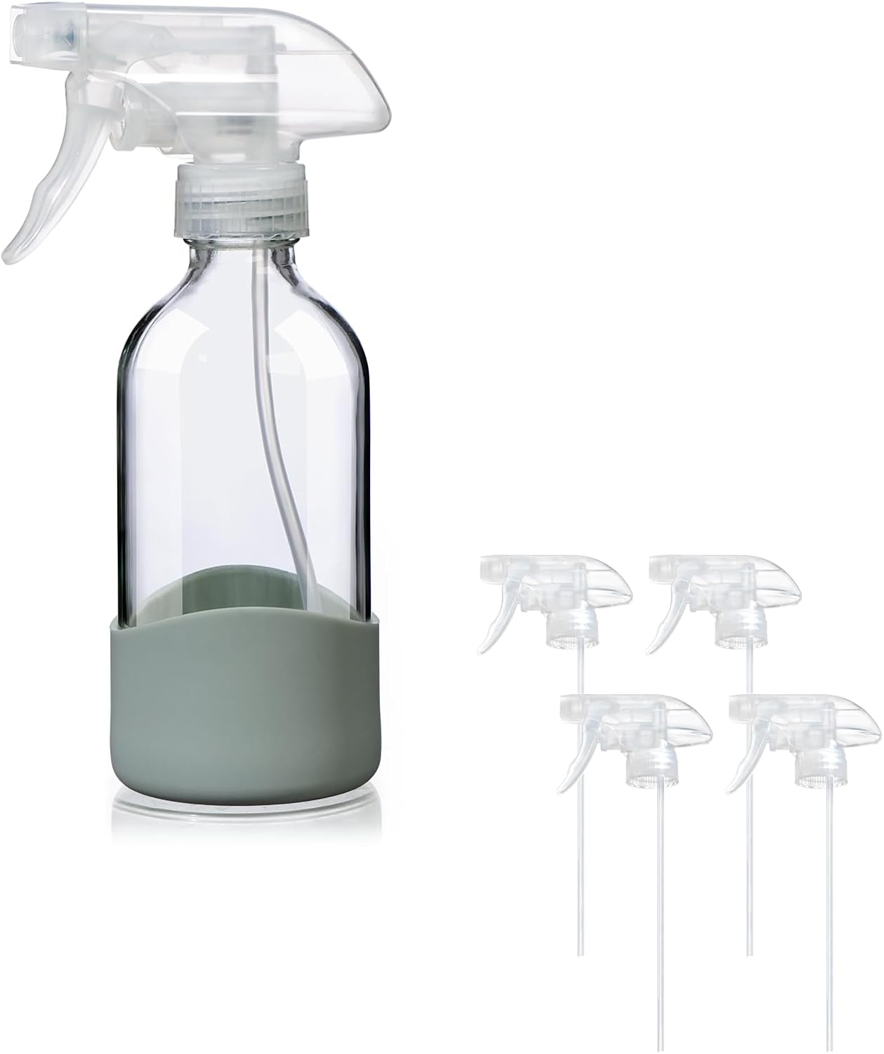 8oz Clear Glass Spray Bottle with Silicone Sleeve+4-Pack Nozzle Replacement for bottles Leakproof,3 Modes(Stream/Mist/Lock) for Cleaning,Gardening,Hair,Plants,Essential Oils,Pet Training