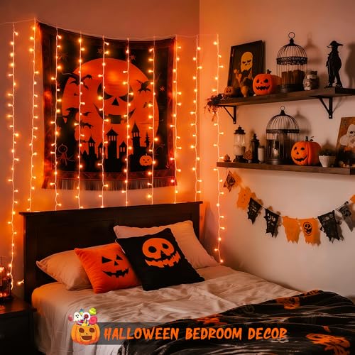 Image of JMEXSUSS 300LED Orange Halloween Curtain Lights with Remote, 9.8x9.8ft