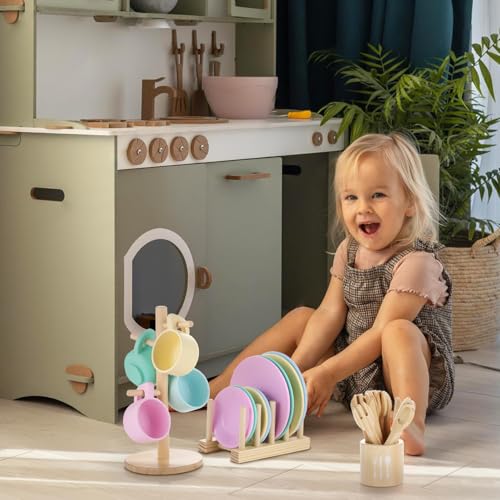 Image of GAGAKU Kids Wooden Play Dishes Set -27Pcs Montessori Play Kitchen Accessories Plates and Bowls Set, Storage Stand & Play Food, Pretend Cooking Toys for Ages 3-5, Educational Gift for Toddler