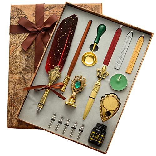 Joyeee Feather Pen Kit, Ensemble de Stylos de Calligraphie avec 5 Plumes, encre noire, porte-stylo et kit de sceau de cire pour calligraphie, Signatures,...