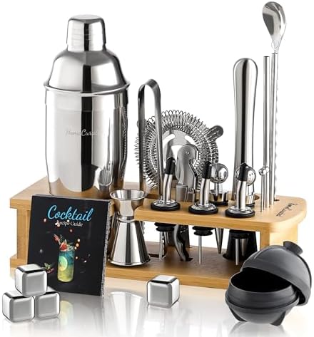 Cocktail Shaker Set,24-Piece Bar Bartender Kit with Stand,Martini Shaker,Jigger,Strainer,Mixer Spoon,Muddler,Liquor Pourers,Tongs,Opener,LCE Ball Mold&LCE Cubes,Bottle Stoppers|Silver