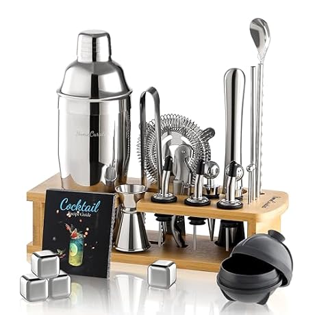 Cocktail Shaker Set,24-Piece Bartender Kit – Complete Bartending Kit Bar Set with Stand,Drink Shaker & Mixer – Perfect Bar Accessories for Home Bar Set,Housewarming Gifts for Men & Women,Silver