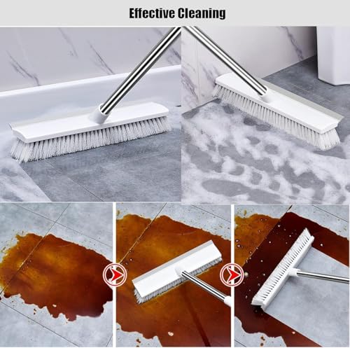 Image of Premium Heavy-Duty Floor Scrub Brush with Squeegee - Stainless Steel Handle & Nylon Bristles for Tile, Bathroom, and Hard Surface Cleaning