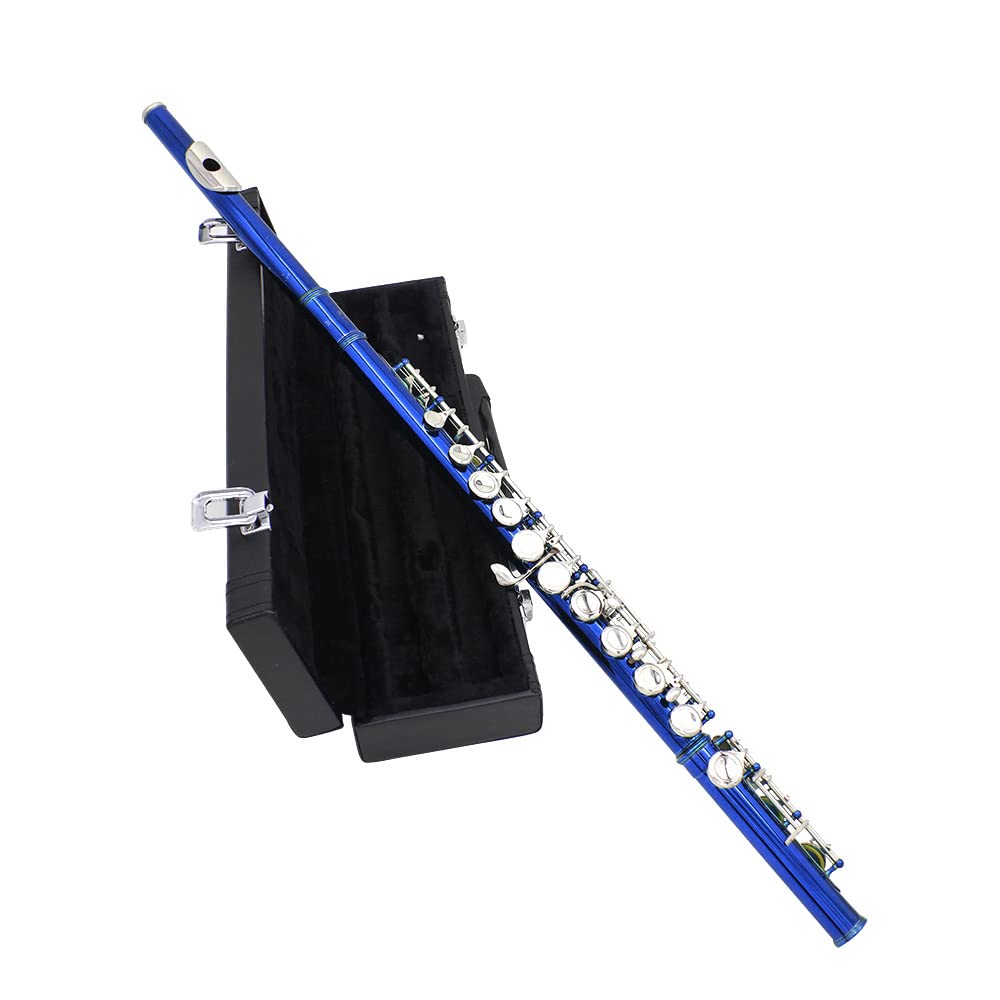 Flauta Travesera Cuproníquel Plateado 16 Agujeros C Clave Instrumento de Viento de Madera con Grease Cork Paño de Limpieza Guantes Palillo Mini Acolchado Caso Destornillador