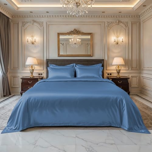 Image of LINENWALAS 100% Pure Bamboo Silk Bedsheet with Oxford Pillow Cover for King Size Bed, Natural Soft, Oeko-Tex Certified & Thermoregulating Bedding Best for Hair and Skin (108 inch x 108 inch, Bahamas Blue)