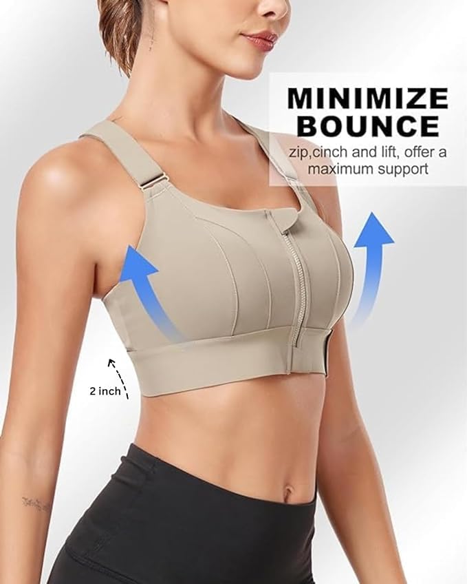 Image of Fashiol Women Padded High Impact Front Zip Compression Sports Bra Criss Cross Back Adjustable Velcro Strap at Band & Shoulder for Gym, Yoga, Running, Fitness & Workout