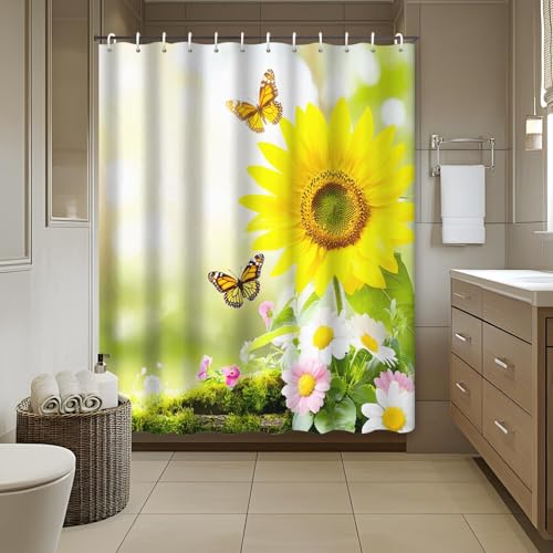 NXMYDBD Cortina de Ducha Impermeable con diseño de Girasoles, Mariposas y Flores Vibrantes para decoración del hogar de Primavera. Incluye Ganchos. Decoración para el baño 183x183cm/72x72in(WxH)