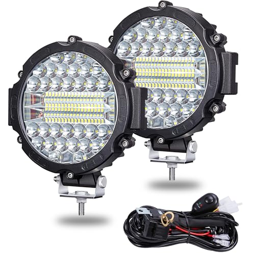 7 INCH Round LED Light Bar 201W Off-Road Driving Lights 21000lm LED Work Lights Pod With Wiring Harness for Pickup SUV ATV UTV Trucks Tractor (2PCS 201W Black+1 Set 2-Lead Wiring Harness)
