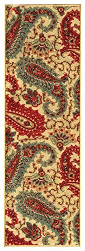 Rubber Backed 2'8" x 10' Paisley Floral Beige Long Runner Non-Slip Rug - Rana Collection Kitchen Dining Living Hallway Bathroom Pet Entry Rugs RAN2012-310 - Thumbnail 2