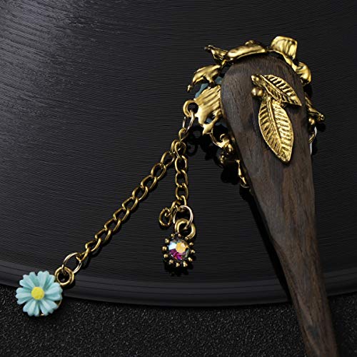 Lurrose – Alfinete de cabelo de madeira floral com strass e pauzinhos vintage Chignon para adicionar