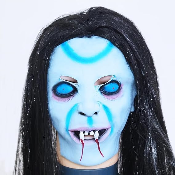 Young Wolf Horror Ghost Mask with Long Wig Hair Ghost Wig Creepy Scary Costume Dress Mask for Cosplay Halloween Party
