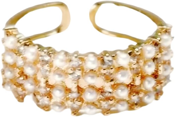 – Gold Plated Open Pearl Ring Adjustable, Multi Pearl and Zirconia Inlay Casual Wear Delicate Style Chic Appearance Women's Accessory Trendy Look All Occasion Match Lightweight Feel