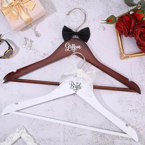 2 Pcs Bride Groom Hanger Wedding Dress Hanger with Pearl Ribbon Bow Tie Wooden Hangers for Wedding Gift Bridal Shower Party Supplies